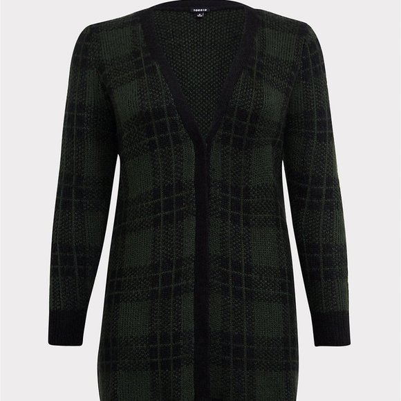 Torrid Green & Black Plaid Open Front Cardigan - Picture 3 of 7